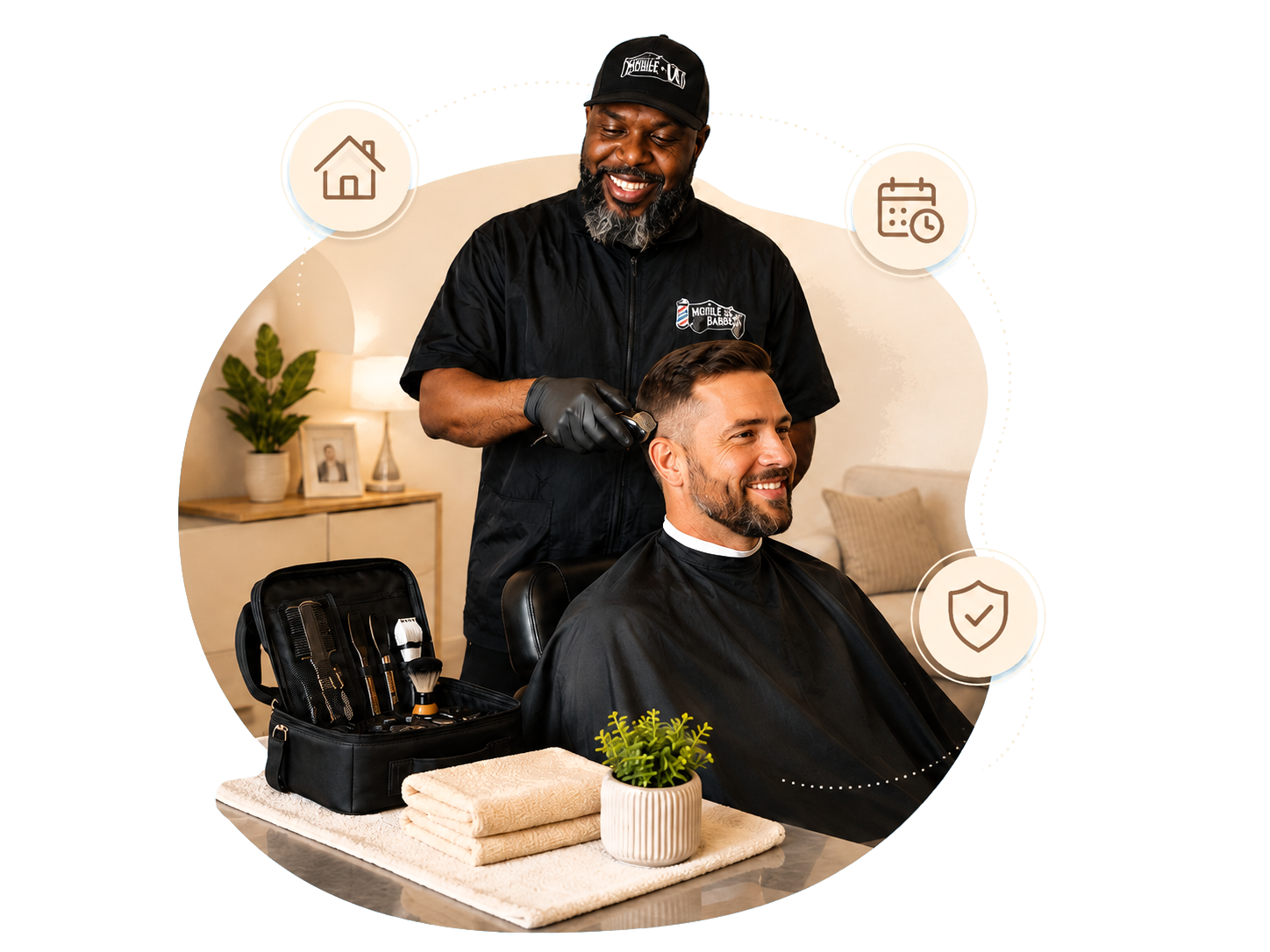 mobile barber giving a professional men's haircut to a client in Virginia Beach, Norfolk, and Chesapeake.