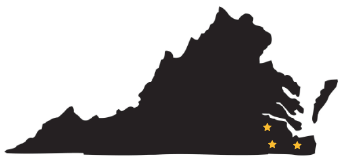 a picture of the state of virginia with 3 stars representing where the mobile barber of virginia beach provides their services. The stars are placed on the cities of virginia beach, and Norfolk.